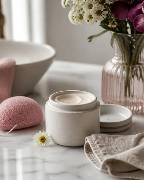 Vasetto di crema in ceramica, spugna di konjac e un piccolo fiore di camomilla su un piano di marmo