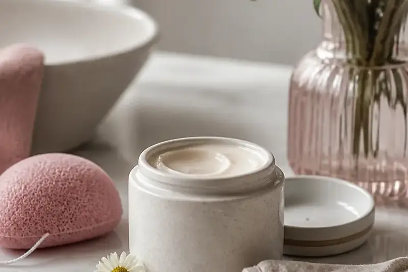 Vasetto di crema in ceramica, spugna di konjac e un piccolo fiore di camomilla su un piano di marmo