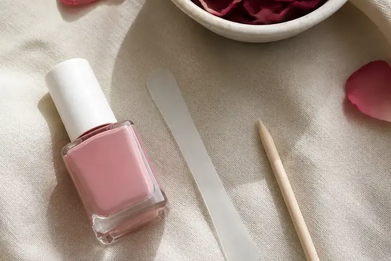 Lima di vetro, smalto rosa nude, bastoncino d’arancio e una ciotola di petali su un panno di lino